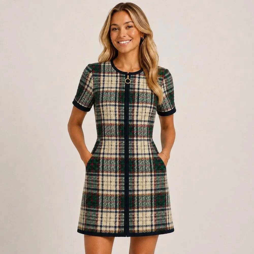 Tory Burch Plaid Tweed Sheath Dress Size 4 Zip Front Pockets Short Sleeve